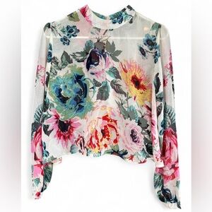Women's Gorgeous Bishop + Young Floral Sheer Blouse‎ Size Medium Button Back